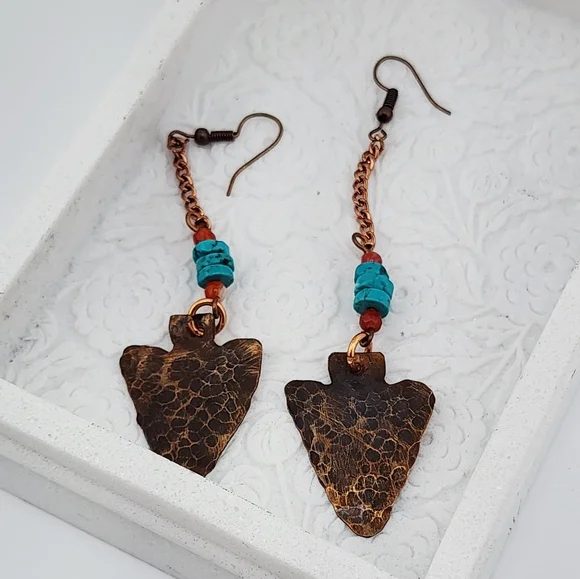 TURQUOISE & CARNELIAN HANDMADE EARRINGS BOHEMIAN CHIC STYLE 2.5" - Picture 2 of 6